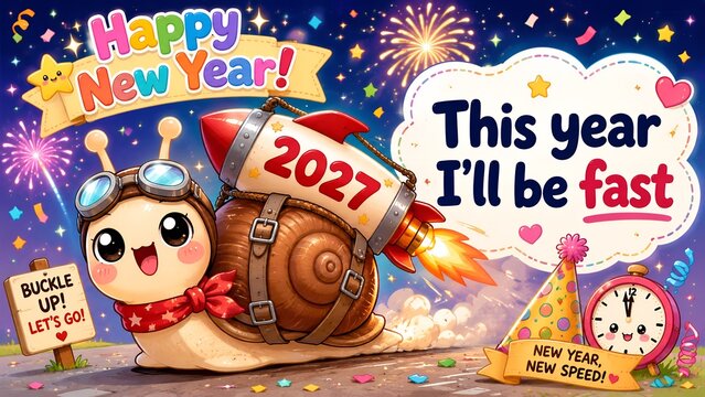 Cute Snail New Year 2027 Card With Rocket and This Year I Will Be Fast
