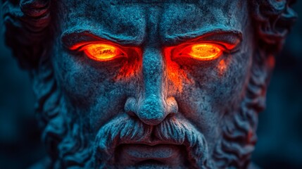 Obraz premium a close-up, intense portrait of a stone bust with glowing, fiery orange eyes against a dark, moody blue-toned background.