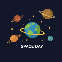 A colorful illustration of planets and stars on Space Day © Kalika