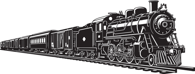 Vintage steam train, locomotive illustration, black line art, railroad transportation isolated on Transparent Background © Rana