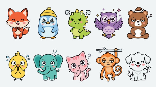 Cute cartoon animal characters with various emotions