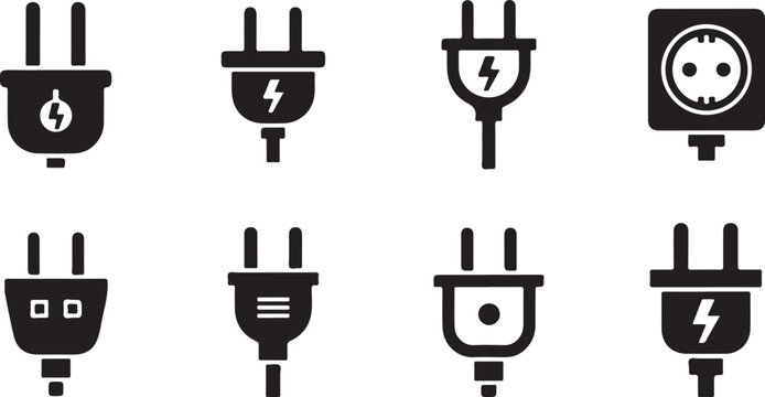 Electric plug icon set, 8 power socket vectors, black energy symbols isolated on Transparent Background