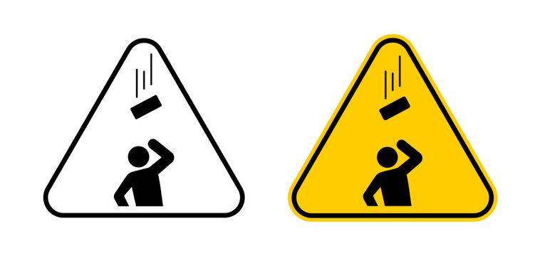 Falling objects warning sign icon set with overhead hazard symbol. Head injury risk signage for workplace, construction and industrial safety