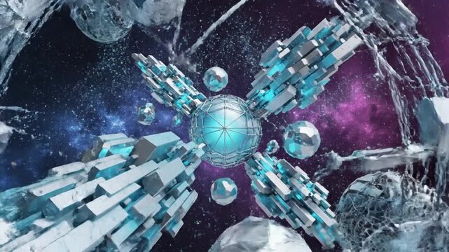Vibrant crystals shatter in space with blue center and purple background