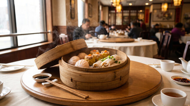 Chinese dim sum bamboo steamer with har gow and siu mai dumplings rising steam, perfect for Asian restaurant menus and Chinese cuisine content.