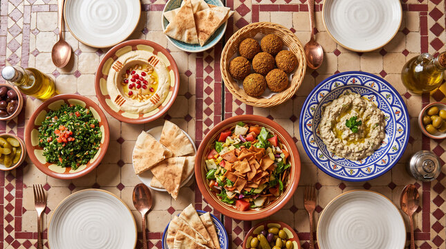 Traditional Lebanese mezze feast with hummus, falafel, tabbouleh, and baba ganoush on a mosaic table, ideal for Middle Eastern restaurant and Arabic food content.