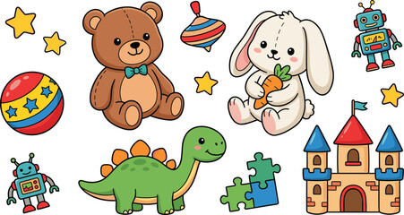 Cute Cartoon Children Toys Teddy Bear Plush Bunny Toy Castle and Dinosaur Vector Clipart Set © Kuddus