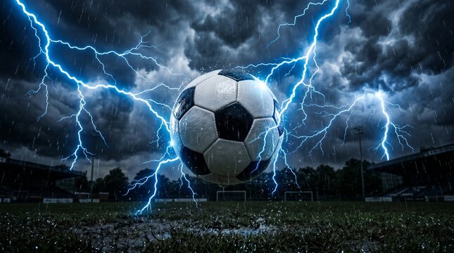 Soccer ball surrounded by lightning bolts, symbolizing power, speed, and intense competition.