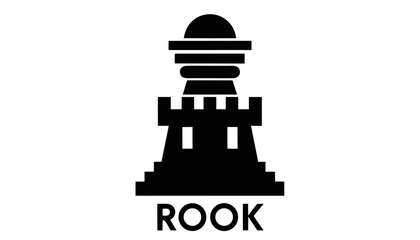 Very beautiful black and white vector illustration of a ROOK chess piece featuring castle styling and a bold label reading "ROOK", isolated on white background. © ehsanollah