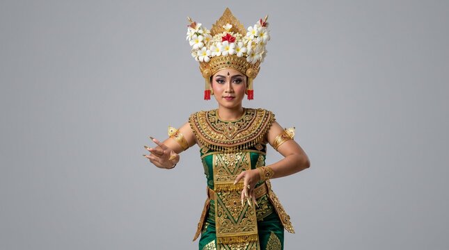 Beautiful Balinese Female Dancer in Traditional Green and Gold Costume Performing Legong Dance, Golden Headdress with Frangipani, Cultural Heritage Concept on Gray Background