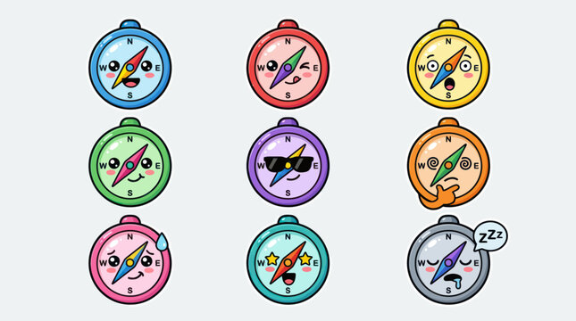 Cute cartoon compasses with expressive faces