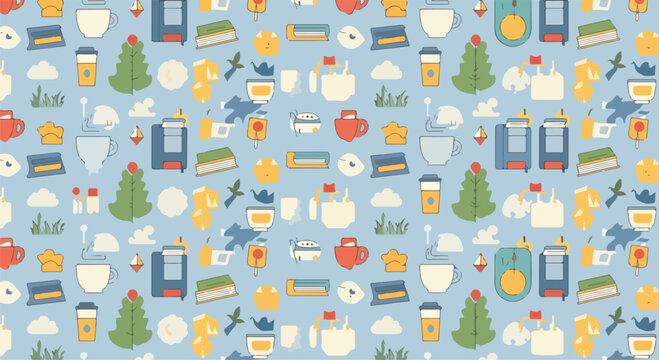 A colorful pattern of various objects on a blue background