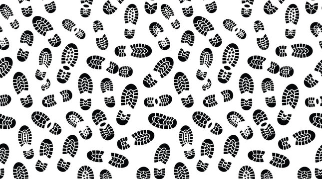 Seamless pattern of black shoe prints on a white background, representing walking footsteps, and footprints for, trail or path concepts