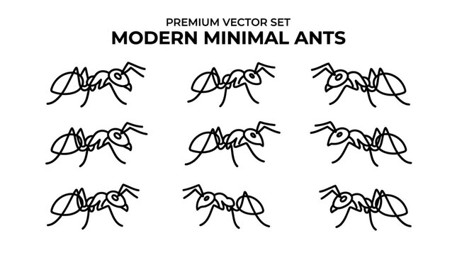 A set of minimalist line art illustrations of ants in various poses