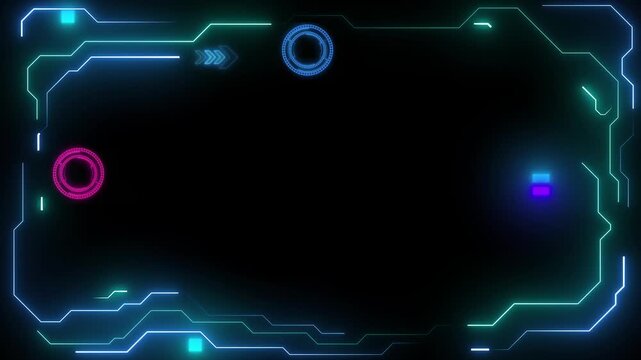 Futuristic HUD interface frame with glowing neon lines and digital elements flashing on a dark black tech screen background, 4k video