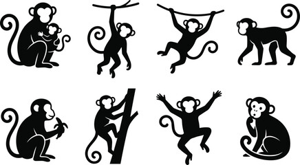 Set of black monkey silhouettes in various poses including climbing, hanging, and sitting on a white background © MD