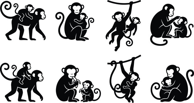 Collection of black silhouettes of monkeys and baby monkeys in various poses on a white background