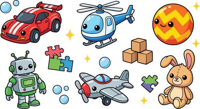 Cute Cartoon Children Toys Red Racing Car Helicopter Robot and Plush Bunny Vector Clipart Set