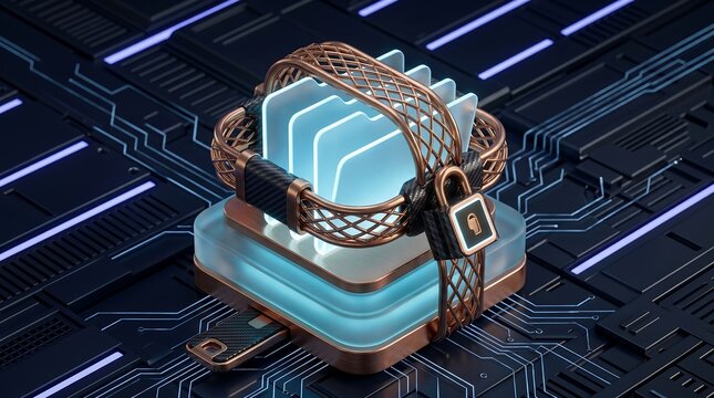 Secure digital folders wrapped with cable and lock on circuit