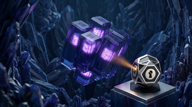 Glowing purple digital crypto data blocks with secure lock