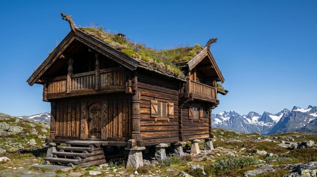 Traditional Norwegian Wooden Stabbur Cabin with Sod Roof and Dragon Carvings in Majestic Mountain Landscape, Scandinavian Travel and Viking Architecture under Bright Blue Sky