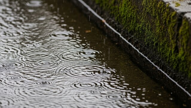 Rain - Heavy Rainfall Ripples on Flooded Stone Gutter With Moss Covered Wall During Storm