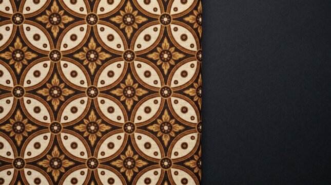 Traditional Indonesian Batik Kawung Pattern Fabric with Plain Black Textile for Elegant Ethnic Fashion Background, Authentic Textile Design with Copy Space Concept