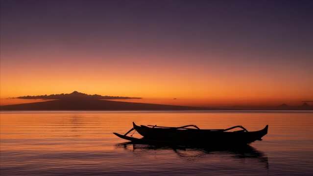 Travel - Hawaiian Outrigger Canoe Silhouette Floating on Calm Ocean at Golden Sunset with Island