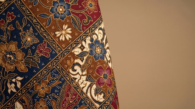 Elegant Traditional Indonesian Batik Fabric with Floral Pattern and Geometric Borders, Close-up Detail of Ethnic Textile for Fashion and Interior Design Background