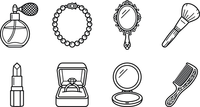 Collection of beauty and accessory icons including makeup brush comb mirror compact bracelet ring perfume bottle and lipstick