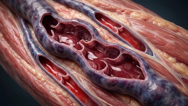 Dilated venous structure: varicose vein, vascular problem, blood vessel, human anatomy, medical issue, vein disease, deep tissue, circulatory pathway, vessel wall, blood flow, body organ.