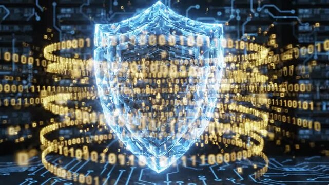 Futuristic Cyber Security Shield Protecting Network Server Room, Glowing Digital Mainframe with Binary Code Stream, Data Privacy Encryption and Antivirus Firewall Technology Concept Animation