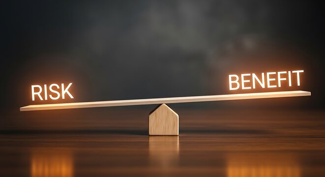 Risk versus benefit balance on a wooden seesaw with glowing letters on a dark background
