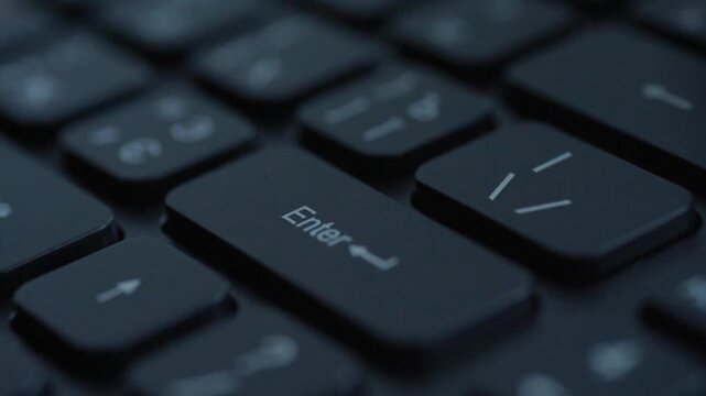 Closeup caucasian fingers tapping enter, blurred motion streaks, blue rim lighting, fastpaced coding session, repeated keystrokes, intense macro focus, nocturnal workflow