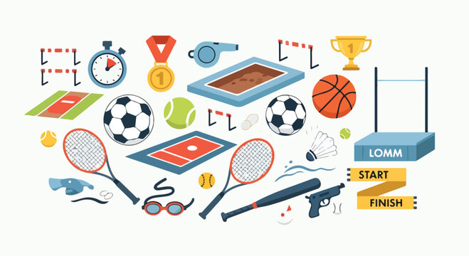 A colorful illustration of various sports equipment and medals