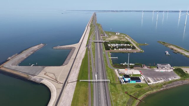 Aerial view of afsluitdijk dam with wind turbines in the netherlands