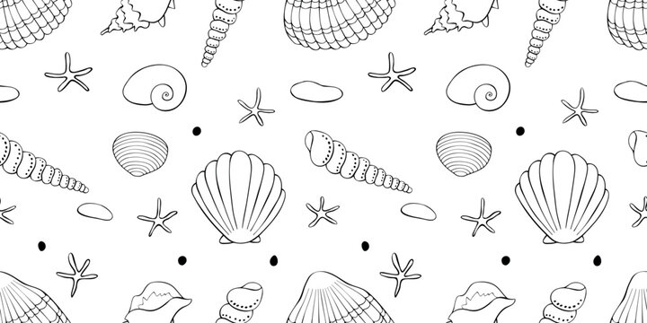 Outline Sea shells seamless pattern. Marine background with shellfishes, sinks, pebbles and starfishes. Beach holiday theme. Hand draw design for wrapping paper, wallpaper, coloring book