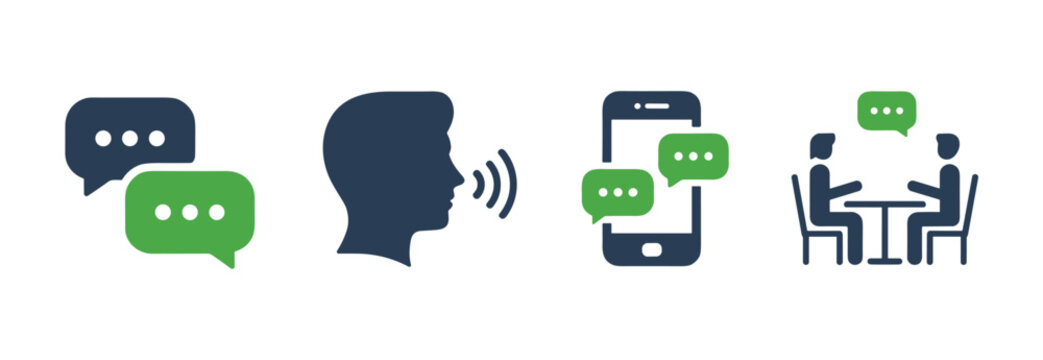 Communication Icons: A set of graphic icons illustrating different aspects of communication, including speech bubbles, a head profile with sound waves, a smartphone with chat messages.