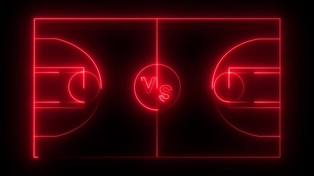Animation of neon sports stadium on black background. neon lights match football isometric field video animation neon line and flickering particles