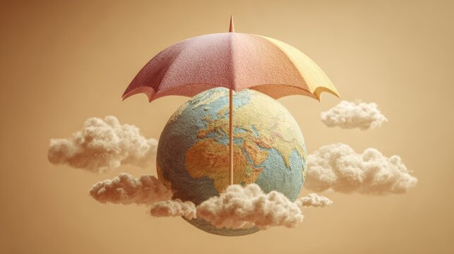 Pastel umbrella covering the planet Earth