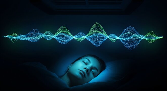 Sleeping Person Surrounded by Abstract Brainwave Energy Patterns in Dark Calm Environment