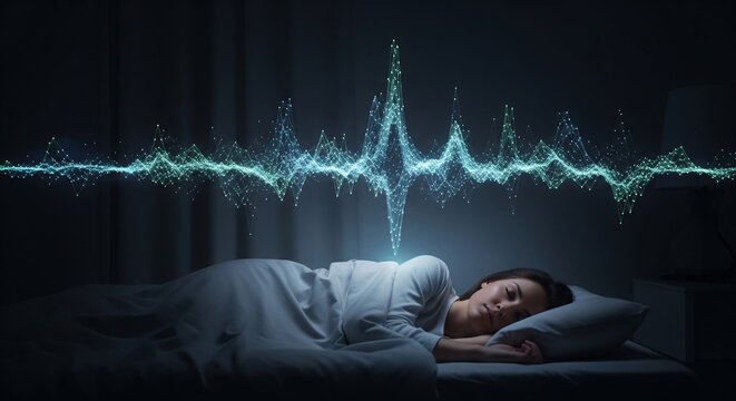 Dreaming Person Surrounded by Abstract Sleep Wave Patterns in Dark Room