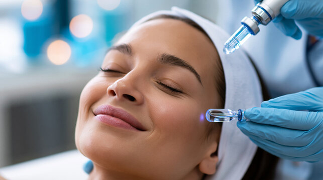 Exosome facial therapy cosmetic procedure close-up, anti-aging technology and regenerative aesthetic medicine concept, defocused, with copy space