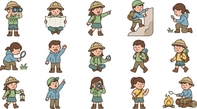 Cute cartoon kids hiking and camping character set with outline symbols for rock climbing, reading maps, roasting marshmallows, and exploring nature