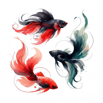 Watercolor Betta fish illustration with flowing red, black and teal fins. Elegant Siamese fighting fish set on white background. Artistic aquatic clipart for print and design