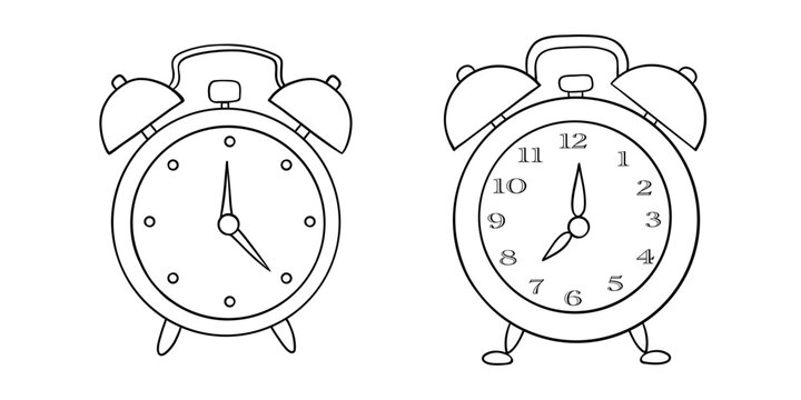 Hand-drawn illustration of an alarm clock designed as a black and white outline for coloring pages. Simple and detailed clock drawing in a clean sketch style