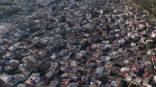 Aerial view of the downtown above the city Argos in Greece. On a sunny morning in autumn. 