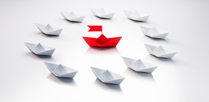 Group of  white paper boats with red leader in the middle on white background - 3D illustration