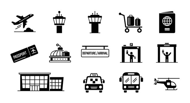 Airport transportation travel icons collection vector illustration flat style