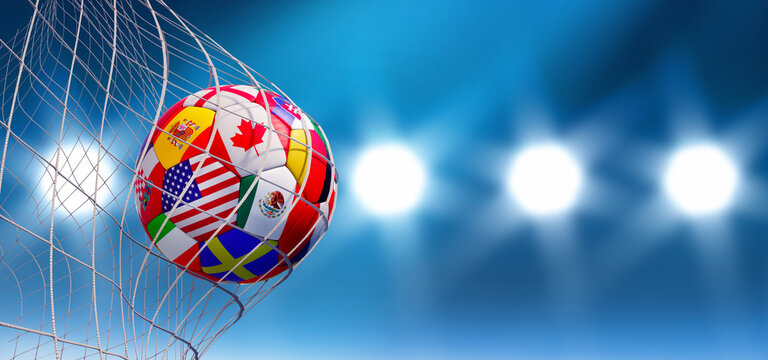 Soccer ball textured with flags in goal net with blue background  and flood light rays - 3D illustration